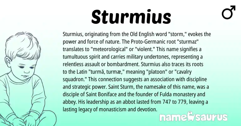 Infographic about Sturmius name meaning, Sturmius is a name from Old English, Germanic, Latin origin(s).