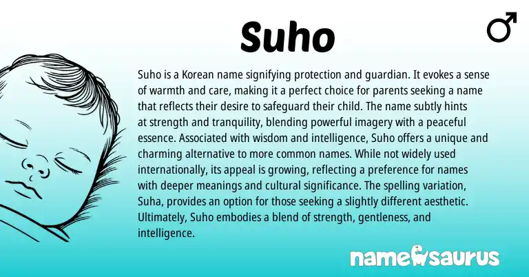 Infographic about Suho name meaning, Suho is a name from Korean origin(s).