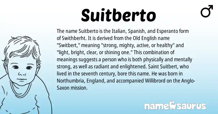 Infographic about Suitberto name meaning, Suitberto is a name from Anglo-Saxon, Spanish, England, Esperanto, Old English, Italian origin(s).
