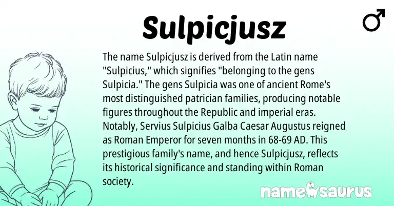 Infographic about Sulpicjusz name meaning, Sulpicjusz is a name from Roman, Latin origin(s).