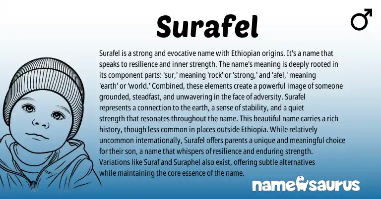 Infographic about Surafel name meaning, Surafel is a name from Ethiopian, Amharic origin(s).