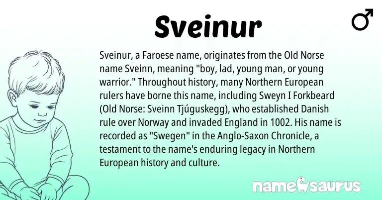 Infographic about Sveinur name meaning, Sveinur is a name from Old Norse, Danish, Anglo-Saxon, Faroese, European, England, Norway origin(s).