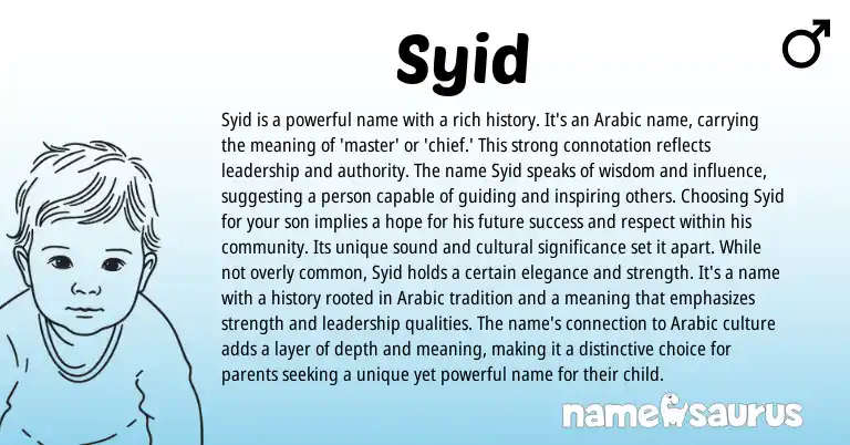 Infographic about Syid name meaning, Syid is a name from Arabic origin(s).