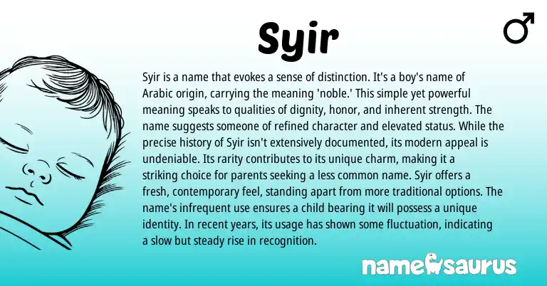 Infographic about Syir name meaning, Syir is a name from Arabic origin(s).