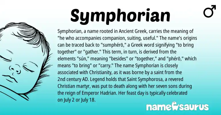 Infographic about Symphorian name meaning, Symphorian is a name from Ancient Greek, Christianity, Greek origin(s).