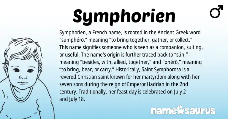 Infographic about Symphorien name meaning, Symphorien is a name from Ancient Greek, French origin(s).