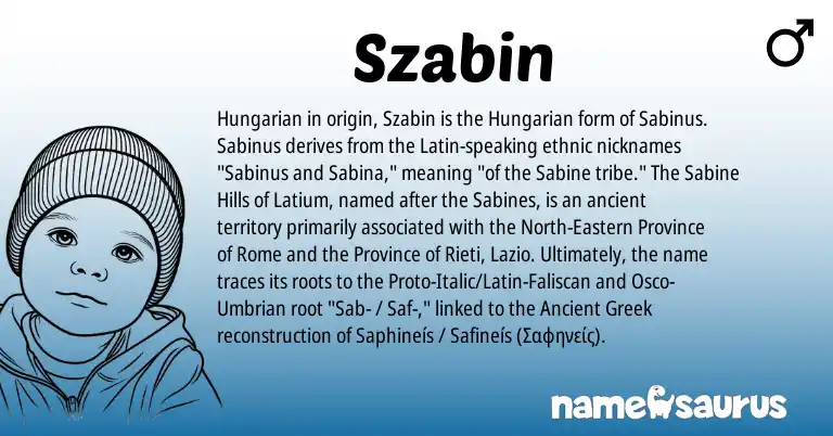 Infographic about Szabin name meaning, Szabin is a name from Hungarian, Latin, Ancient Greek origin(s).