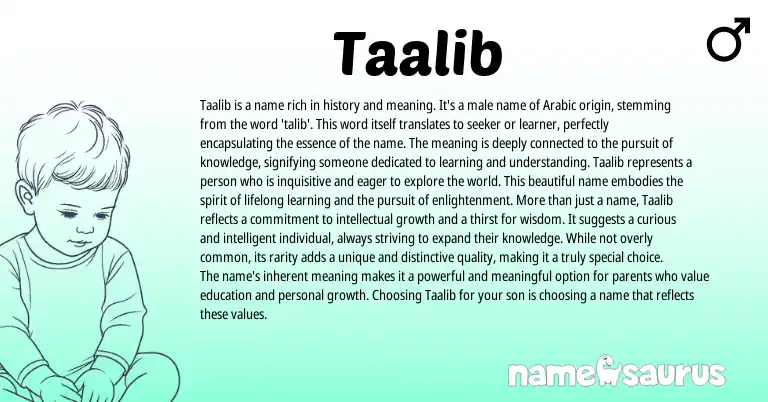 Infographic about Taalib name meaning, Taalib is a name from Arabic origin(s).