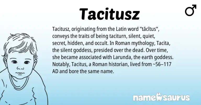 Infographic about Tacitusz name meaning, Tacitusz is a name from Roman, Latin origin(s).