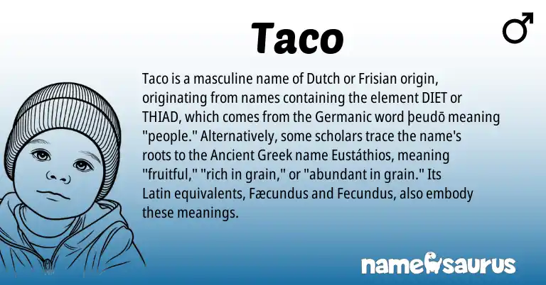 Infographic about Taco name meaning, Taco is a name from Ancient Greek, Germanic, Latin, Frisian, Dutch origin(s).