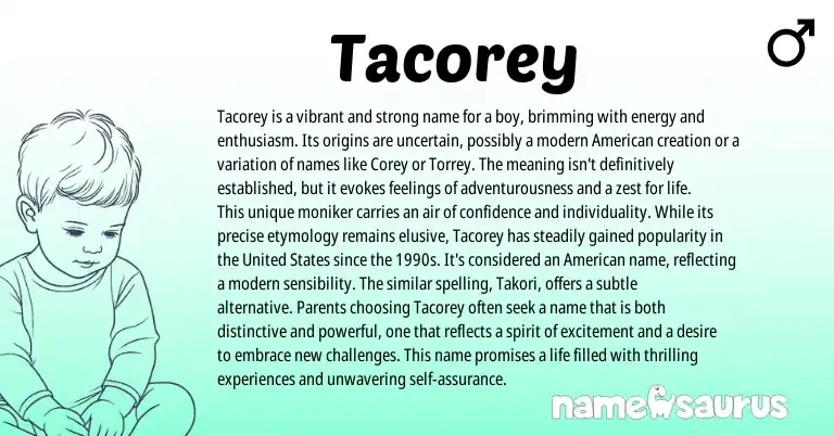 Infographic about Tacorey name meaning, Tacorey is a name from American origin(s).