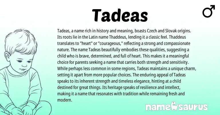 Infographic about Tadeas name meaning, Tadeas is a name from Czech, Latin, Slovak origin(s).