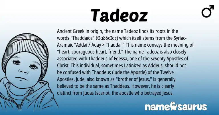 Infographic about Tadeoz name meaning, Tadeoz is a name from Ancient Greek, Syriac-Aramaic origin(s).