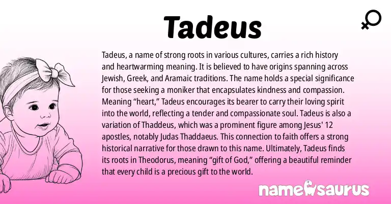 Infographic about Tadeus name meaning, Tadeus is a name from Jewish, Greek, Aramaic origin(s).