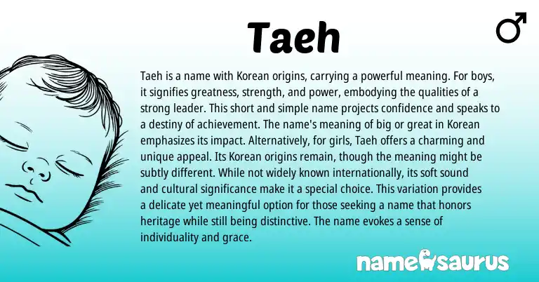 Infographic about Taeh name meaning, Taeh is a name from Korean origin(s).