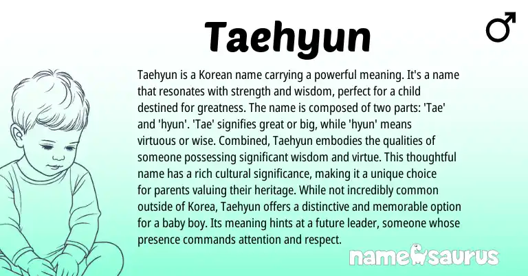 Infographic about Taehyun name meaning, Taehyun is a name from Korean origin(s).