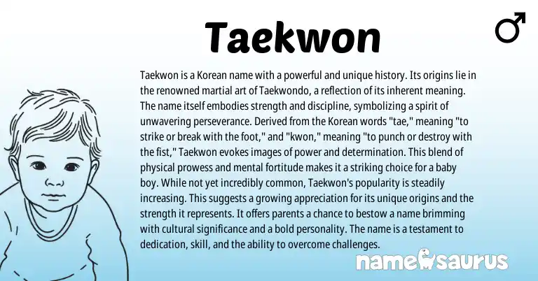 Infographic about Taekwon name meaning, Taekwon is a name from Korean origin(s).