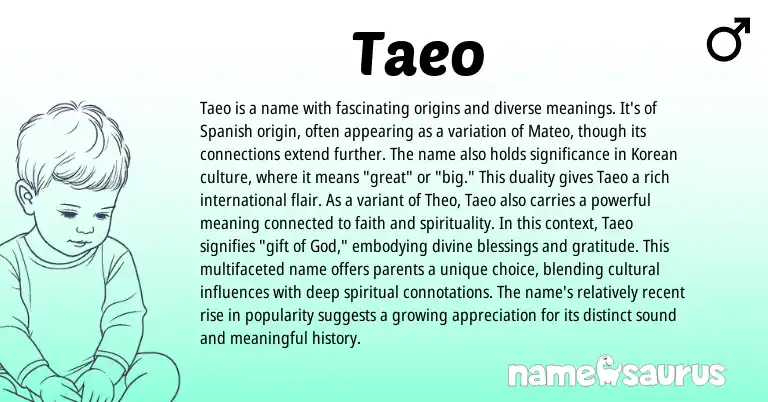 Infographic about Taeo name meaning, Taeo is a name from Spanish origin(s).