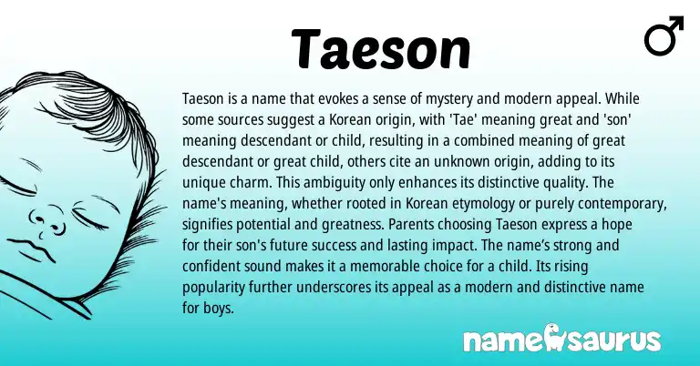 Infographic about Taeson name meaning, Taeson is a name from Korean, English origin(s).
