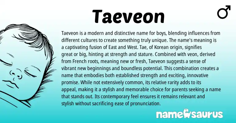 Infographic about Taeveon name meaning, Taeveon is a name from Korean, French origin(s).