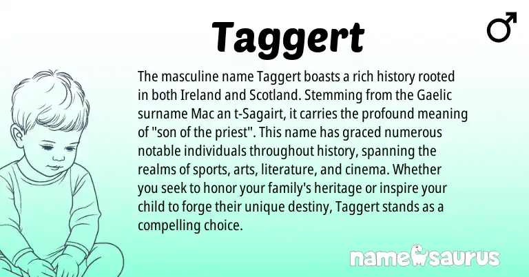 Infographic about Taggert name meaning, Taggert is a name from Ireland, Gaelic origin(s).