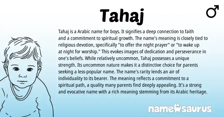 Infographic about Tahaj name meaning, Tahaj is a name from Arabic origin(s).