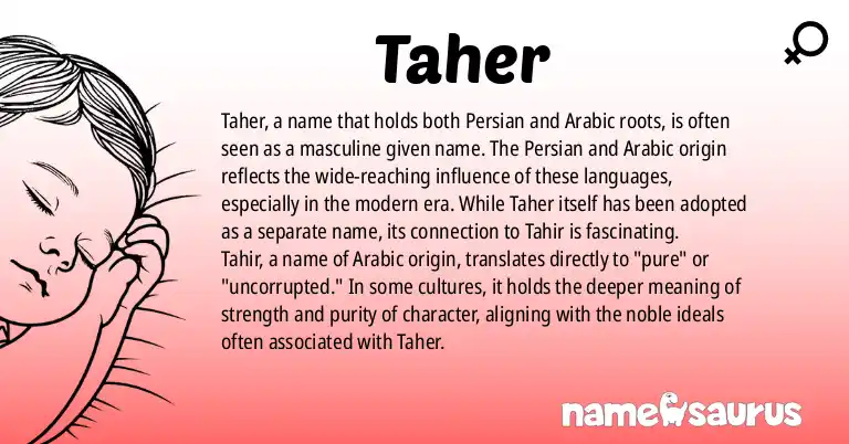 Infographic about Taher name meaning, Taher is a name from Persian, Arabic origin(s).