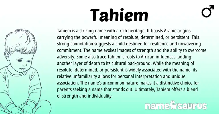 Infographic about Tahiem name meaning, Tahiem is a name from Arabic origin(s).