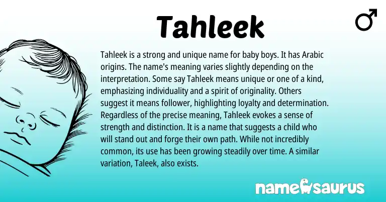 Infographic about Tahleek name meaning, Tahleek is a name from Arabic origin(s).