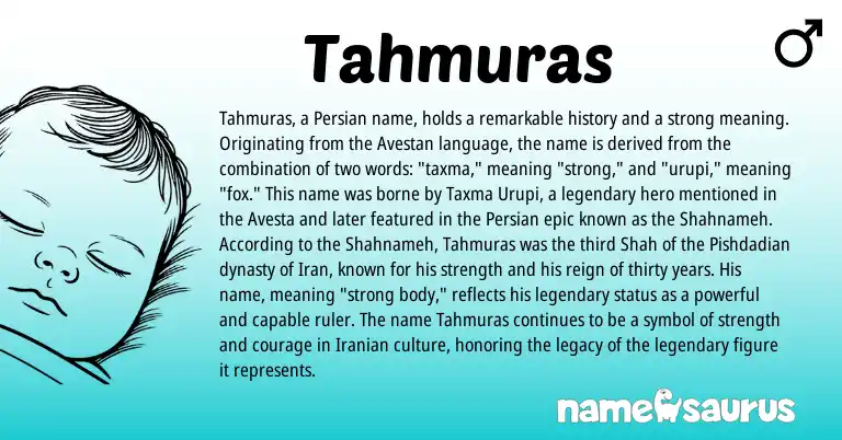 Infographic about Tahmuras name meaning, Tahmuras is a name from Iranian, Iran, Persian, Avestan origin(s).