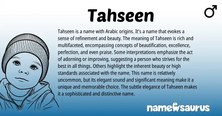 Infographic about Tahseen name meaning, Tahseen is a name from Arabic origin(s).