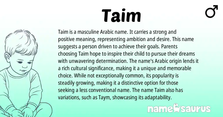 Infographic about Taim name meaning, Taim is a name from Arabic origin(s).