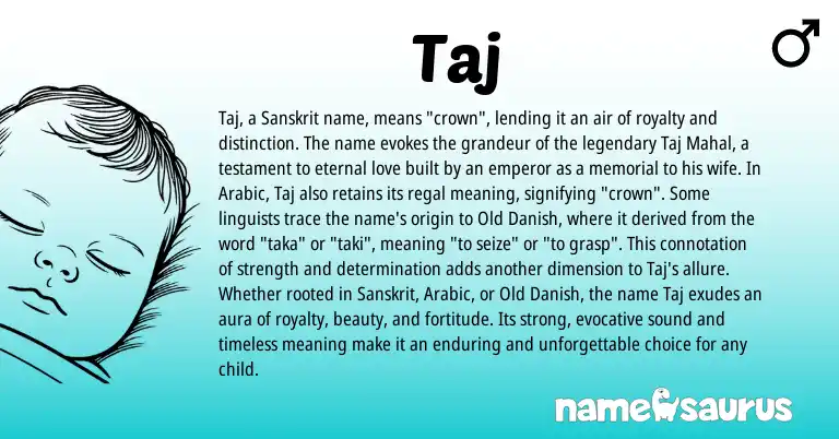 Infographic about Taj name meaning, Taj is a name from Sanskrit, Arabic, Old Danish origin(s).