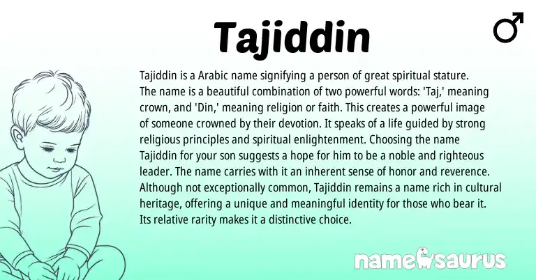 Infographic about Tajiddin name meaning, Tajiddin is a name from Arabic origin(s).