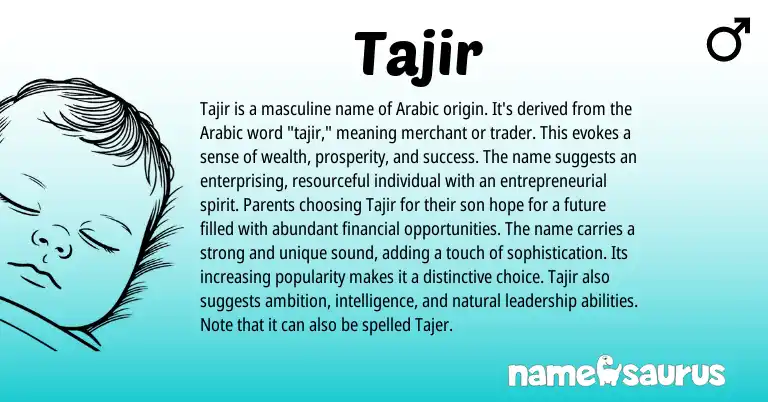 Infographic about Tajir name meaning, Tajir is a name from Arabic origin(s).