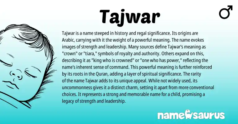 Infographic about Tajwar name meaning, Tajwar is a name from Persian, Arabic origin(s).