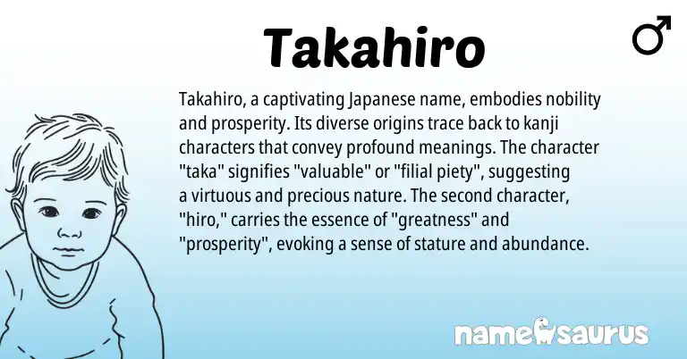 Infographic about Takahiro name meaning, Takahiro is a name from Japanese origin(s).