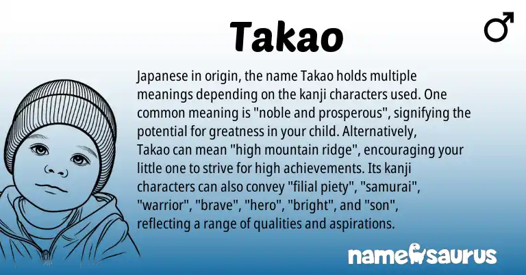 Infographic about Takao name meaning, Takao is a name from Japanese origin(s).