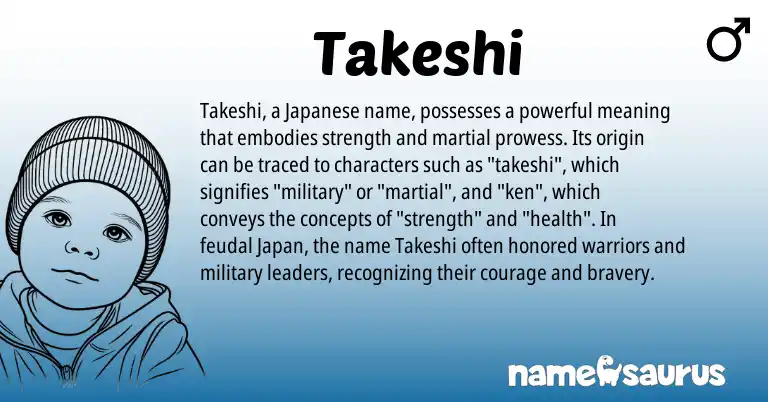 Infographic about Takeshi name meaning, Takeshi is a name from Japanese origin(s).