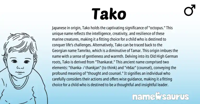 Infographic about Tako name meaning, Tako is a name from Old High German, Georgian, Japanese origin(s).