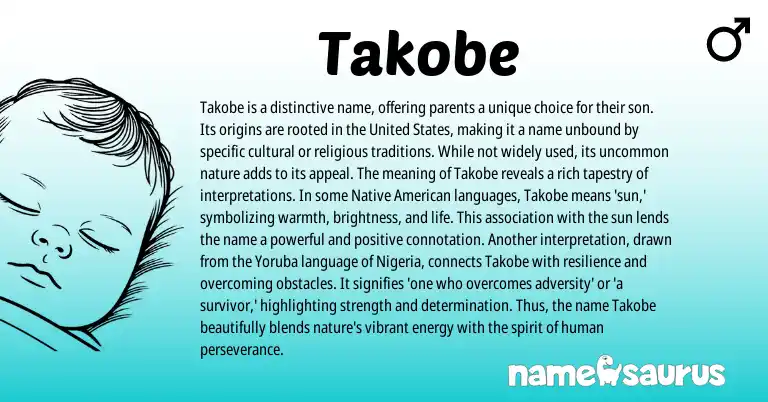 Infographic about Takobe name meaning, Takobe is a name from American, Yoruba, Nigerian origin(s).