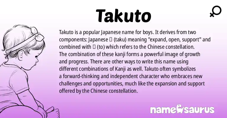 Infographic about Takuto name meaning, Takuto is a name from Japanese origin(s).