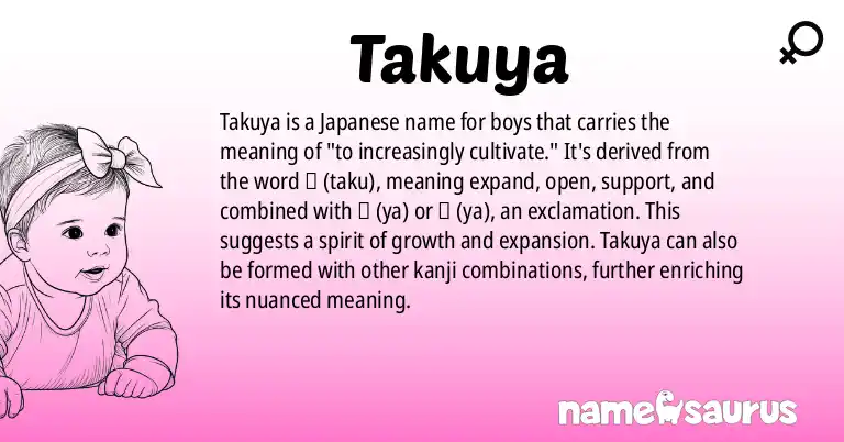 Infographic about Takuya name meaning, Takuya is a name from Japanese origin(s).
