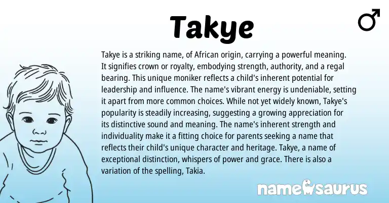 Infographic about Takye name meaning, Takye is a name from African origin(s).