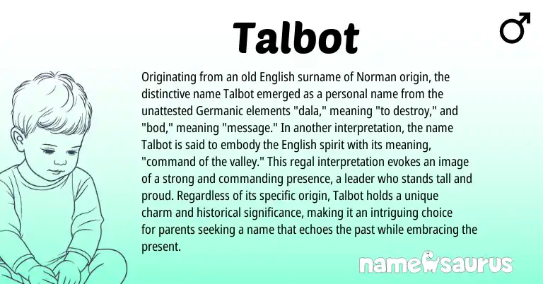 Infographic about Talbot name meaning, Talbot is a name from English, Norman, Germanic origin(s).