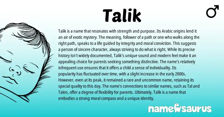 Infographic about Talik name meaning, Talik is a name from Persian, Arabic origin(s).