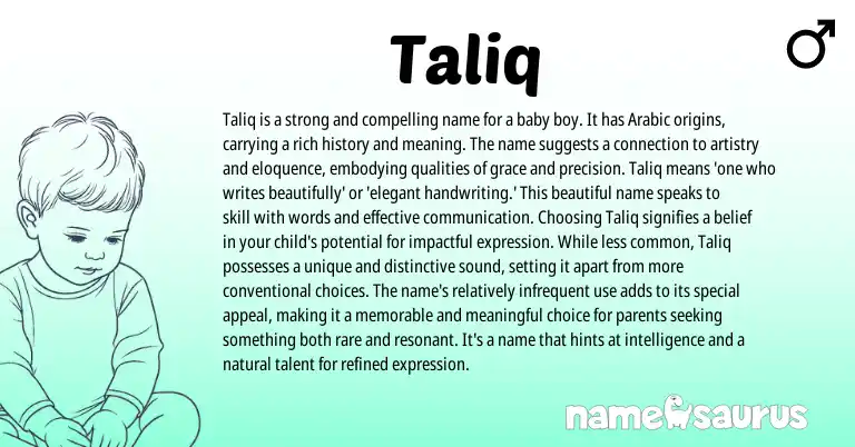 Infographic about Taliq name meaning, Taliq is a name from Arabic origin(s).