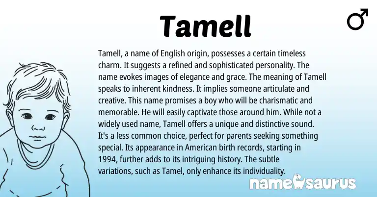 Infographic about Tamell name meaning, Tamell is a name from English origin(s).