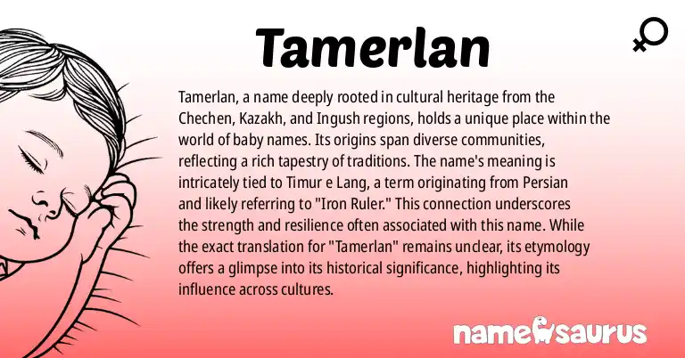Infographic about Tamerlan name meaning, Tamerlan is a name from Chechen, Kazakh, Ingush, Ossetian origin(s).