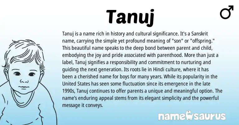 Infographic about Tanuj name meaning, Tanuj is a name from Indian, Sanskrit origin(s).